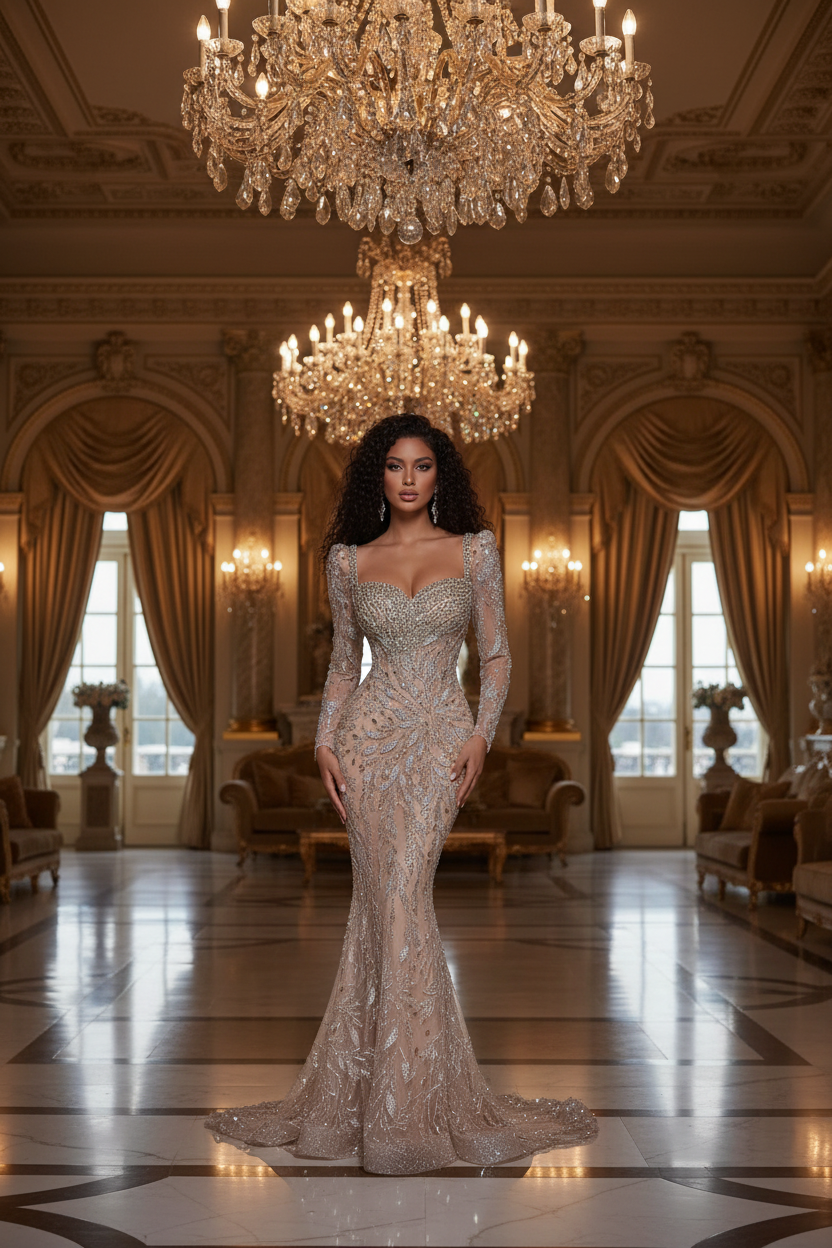 👑 QUEEN SIRÈNE CRISTAUX — MANCHES LONGUES SIGNATURE RUNWAY EDITION