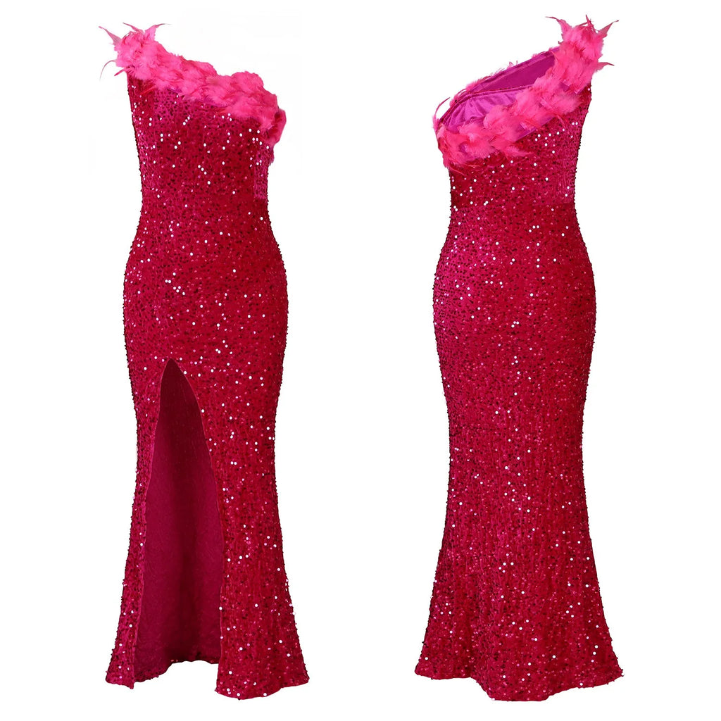👑 QUEEN SEQUIN PLUMES — ROBE UNE ÉPAULE RUNWAY EDITION