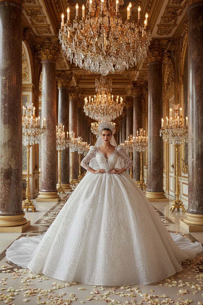 👑 QUEEN BRIDAL GOWN — ROBE DE MARIÉE DENTELLE APPLIQUÉE COL SWEETHEART MANCHES LONGUES A-LINE SUR MESURE