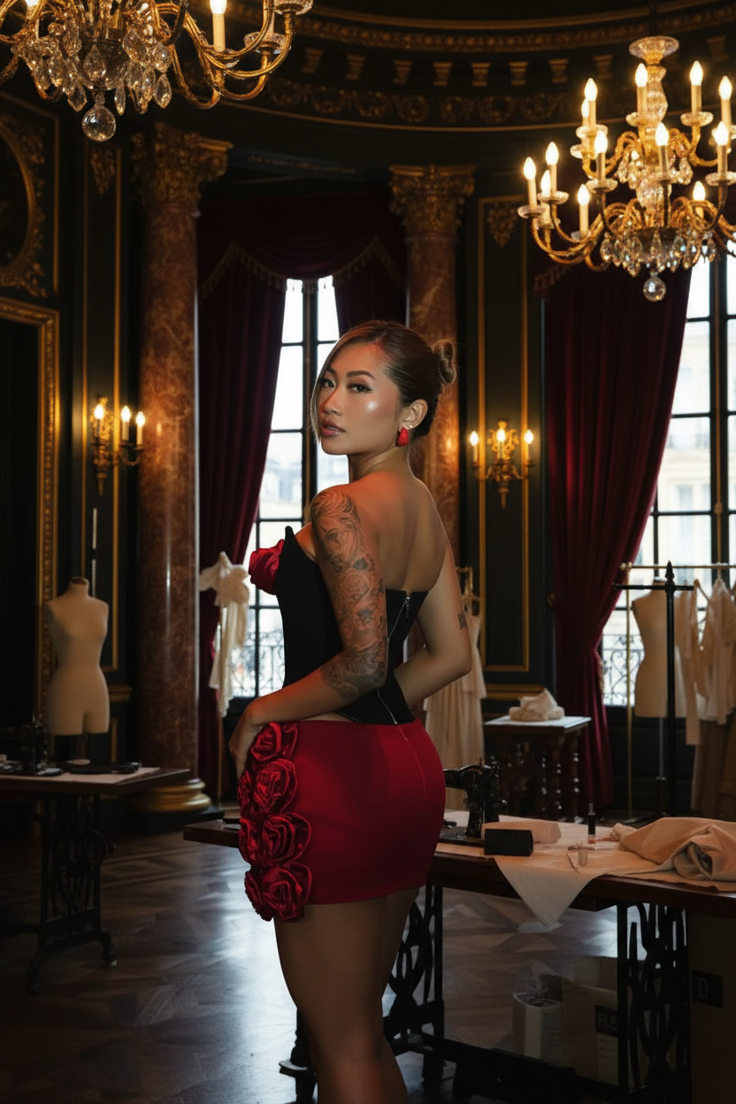 👑 QUEEN ROSE NOIRE — SET CORSET & MINI JUPE ROSES SIGNATURE