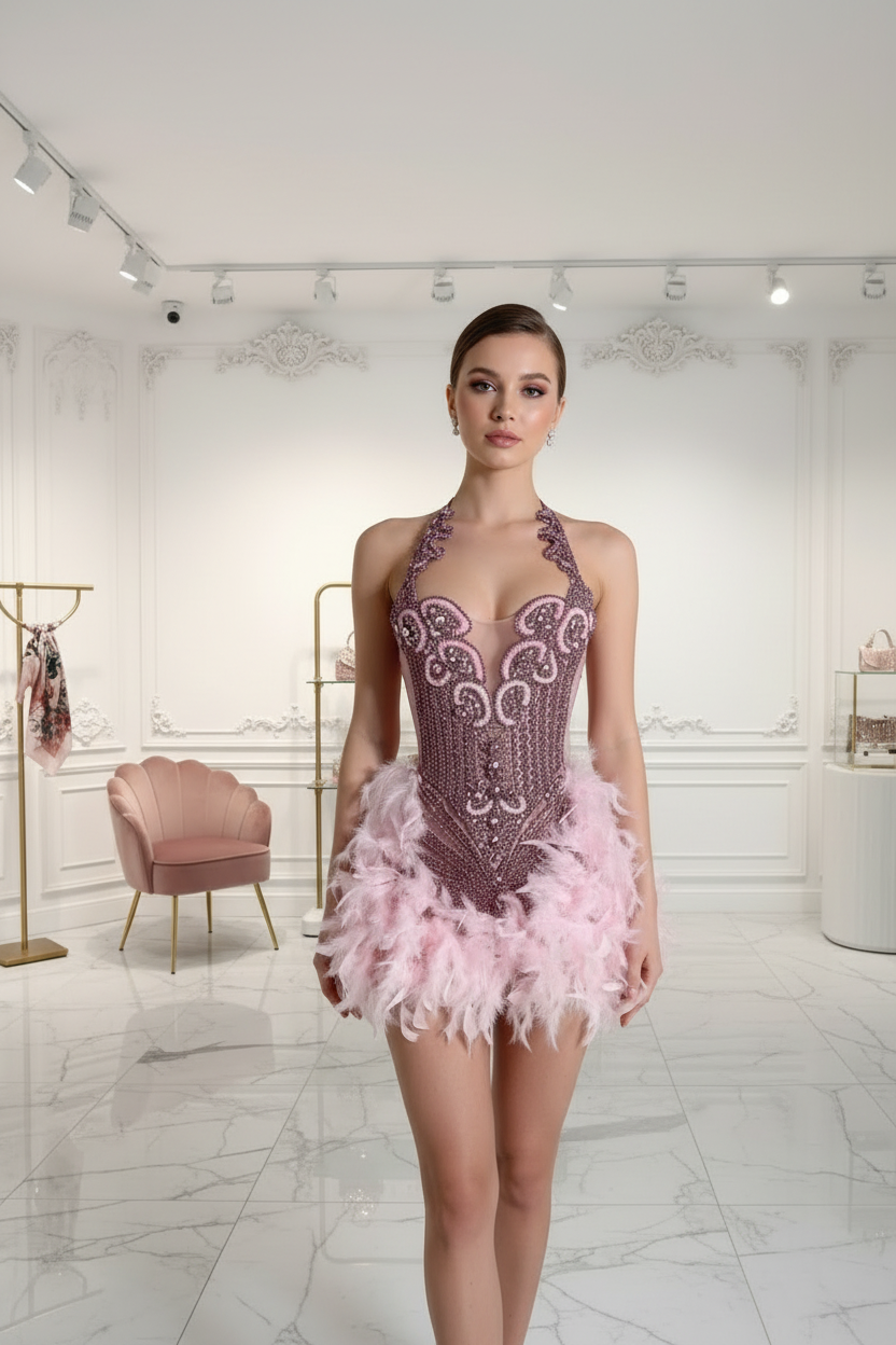 👑 QUEEN PLUME CRISTAL — ROBE DE SOIRÉE MINI SIRÈNE PLUMES & CRISTAUX