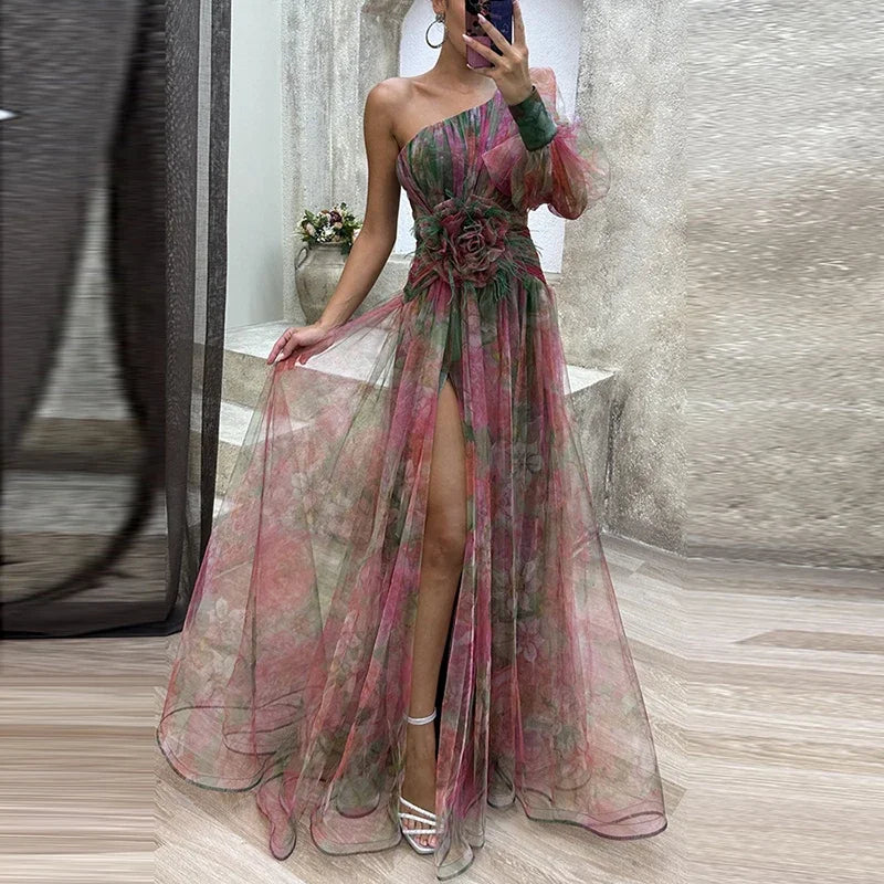 👑 QUEEN TIE-DYE SHOULDER — ROBE LONGUE FEMME UNE ÉPAULE IMPRIMÉ FLORAL
