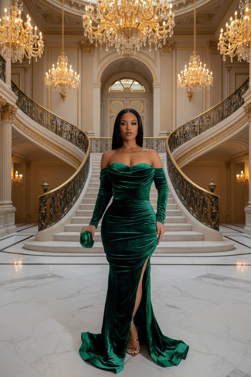 👑 QUEEN VELVET SIRÈNE — ROBE LONGUE ÉPAULE DÉNUDÉE FENTE HAUTE COUTURE