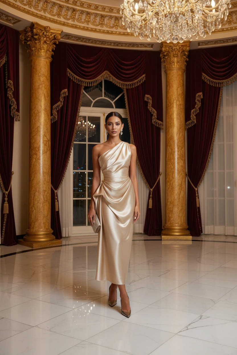 👑 QUEEN SATIN PLISSÉ — ROBE BANQUET SANS MANCHES RUNWAY EDITION