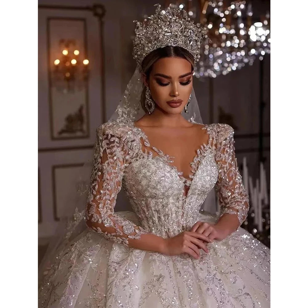 👑 QUEEN BRIDAL GOWN — ROBE DE MARIÉE DENTELLE APPLIQUÉE COL SWEETHEART MANCHES LONGUES A-LINE SUR MESURE