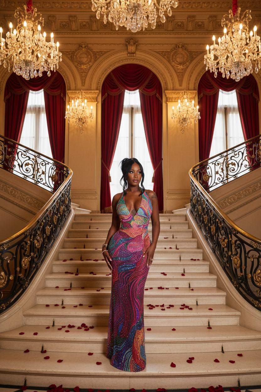👑 Queen Imprimé Maxi – Robe Halter Dos Nu | Runway Edition