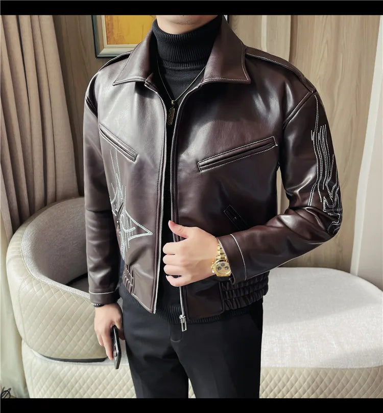 👑 KING EMBROIDERED LEATHER JACKET — VESTE CUIR BRODÉE PREMIUM HOMME