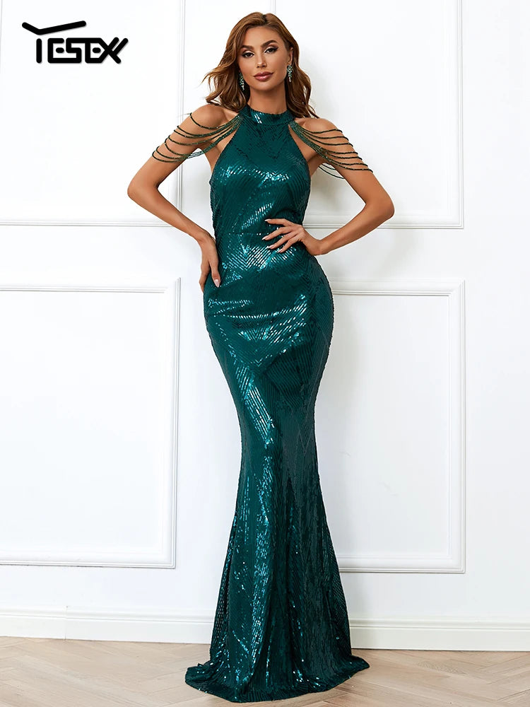👑 QUEEN SEQUIN HALTER MAXI — ROBE LONGUE FEMME SEQUINS PERLÉS BODYCON