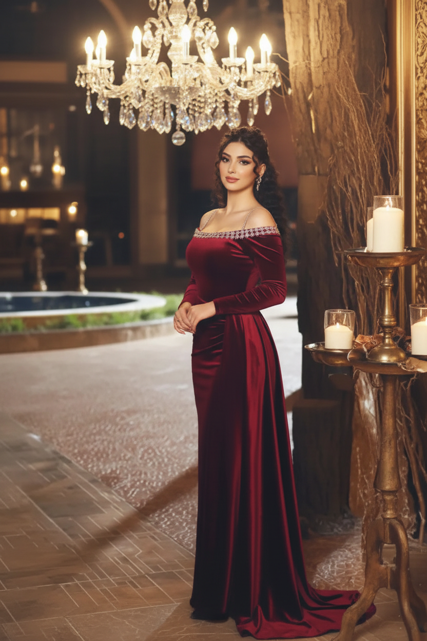 👑 QUEEN BORDEAUX ROYALE GOWN — ROBE LONGUE VELOURS ÉPAULE DÉNUDÉE FENTE LATÉRALE