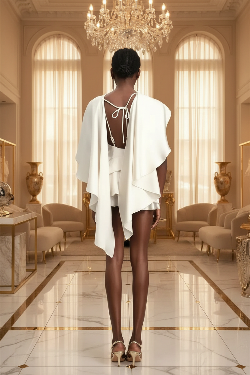 👑 QUEEN MINI DRESS — ROBE COURTE DOS NU MANCHES ÉCHARPE À VOLANTS