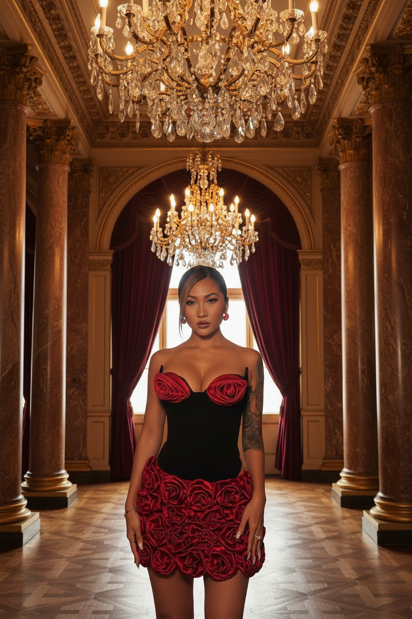 👑 QUEEN ROSE NOIRE — SET CORSET & MINI JUPE ROSES SIGNATURE