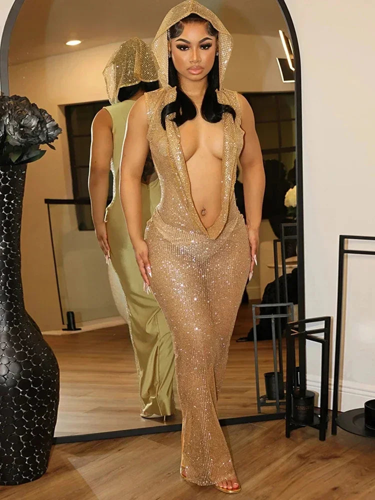 👑 QUEEN SEQUIN DRESS — ROBE LONGUE SEQUINS COL V PROFOND