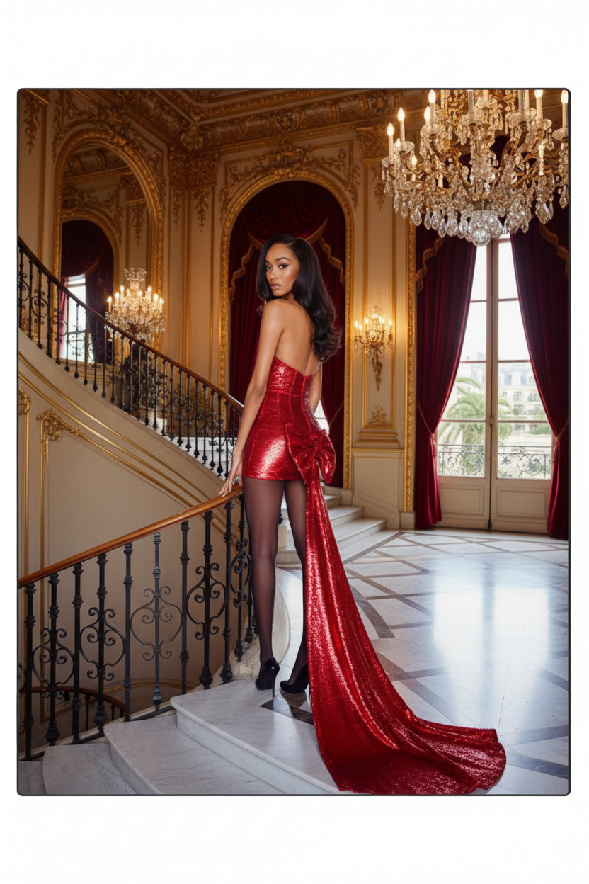 👑 QUEEN BOW SEQUINS — ROBE BUSTIER PAILLETTES NŒUD