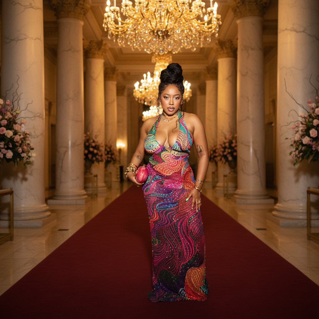 👑 Queen Imprimé Maxi – Robe Halter Dos Nu | Runway Edition