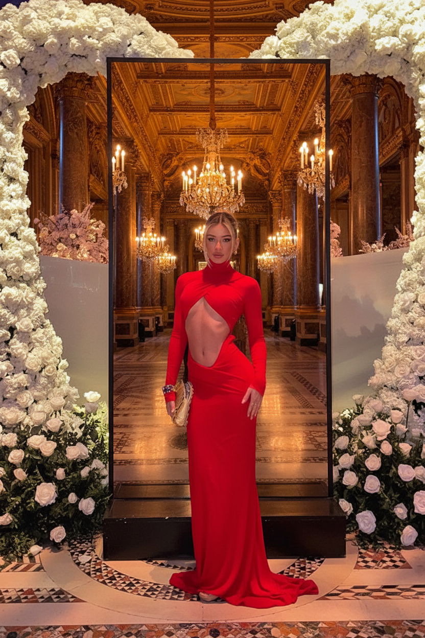 👑 QUEEN MERMAID DRESS — ROBE LONGUE SIRÈNE COL ROULÉ MANCHES LONGUES AJOURÉE