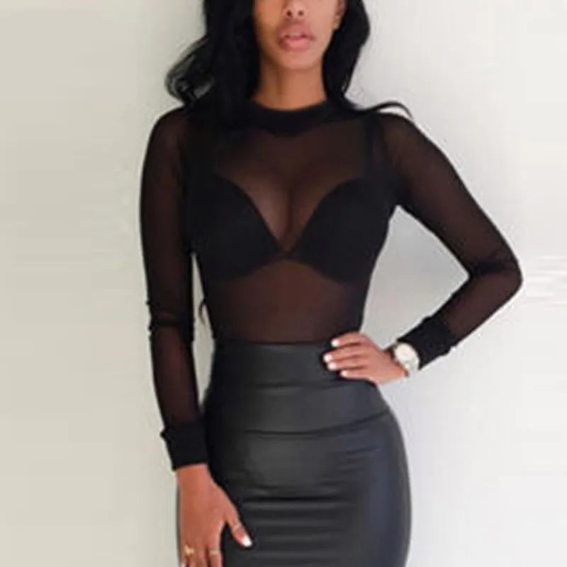 👑 QUEEN MESH TURTLENECK TOP — HAUT TRANSPARENT COL ROULÉ MAILLE SLIM MANCHES LONGUES