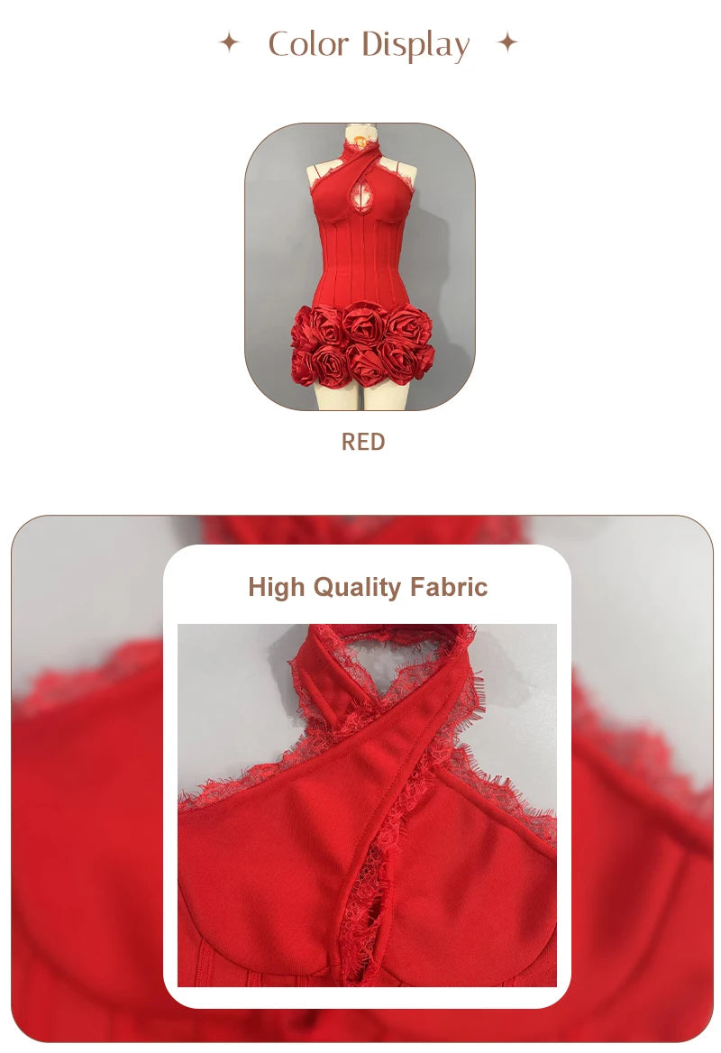 👑 QUEEN ROSE HALTER — MINI ROBE DENTELLE APPLIQUÉS ROSES