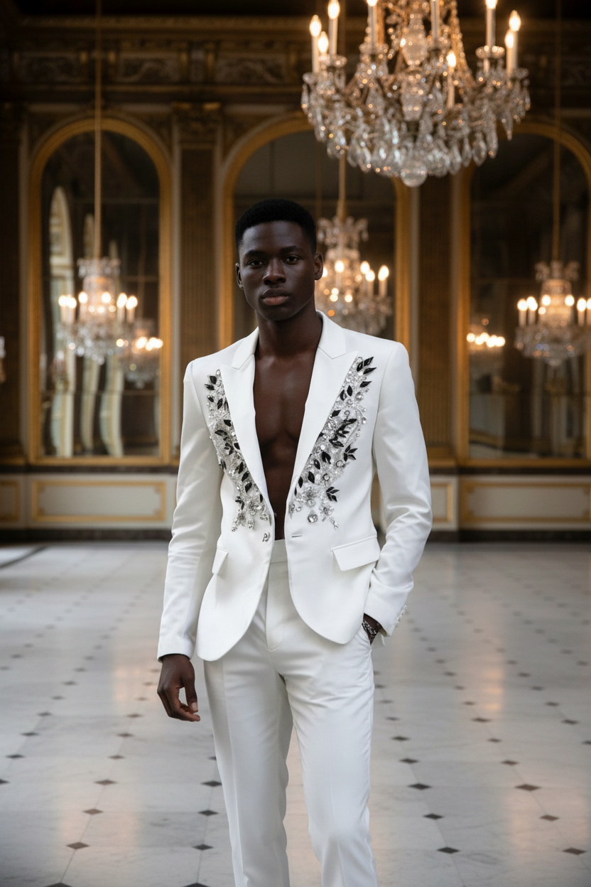 👑 KING TUXEDO STRASS & PERLES — 2 PIÈCES SUR MESURE RUNWAY EDITION