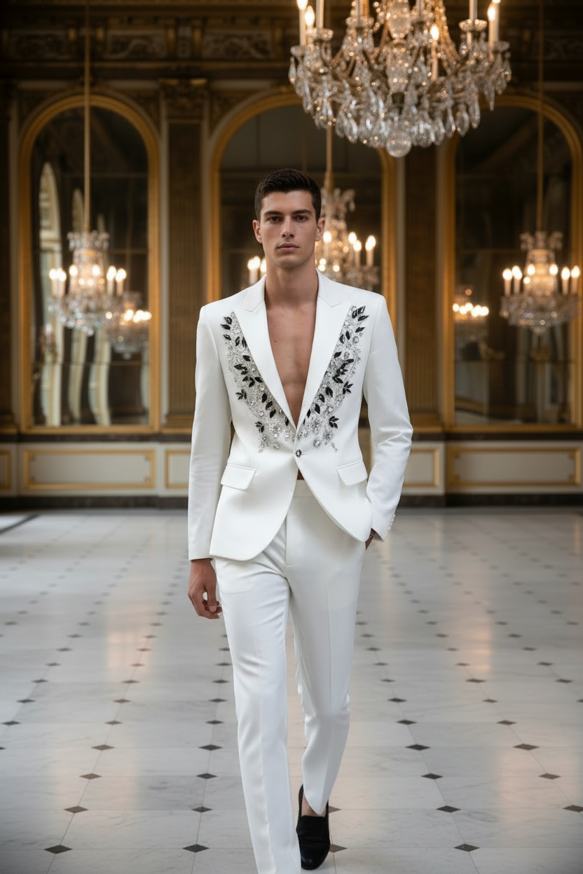 👑 KING TUXEDO STRASS & PERLES — 2 PIÈCES SUR MESURE RUNWAY EDITION