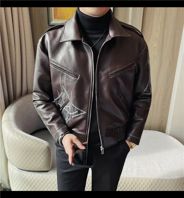 👑 KING EMBROIDERED LEATHER JACKET — VESTE CUIR BRODÉE PREMIUM HOMME