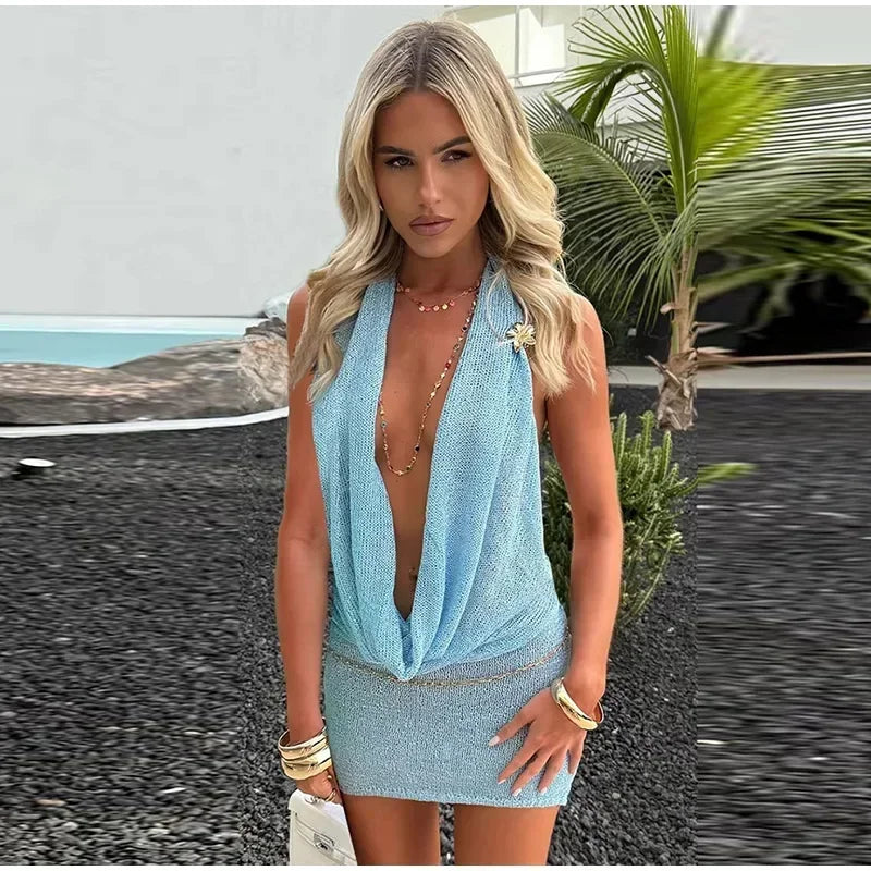👑 QUEEN HALTER MINI — ROBE COURTE FEMME COL HALTER DOS NU