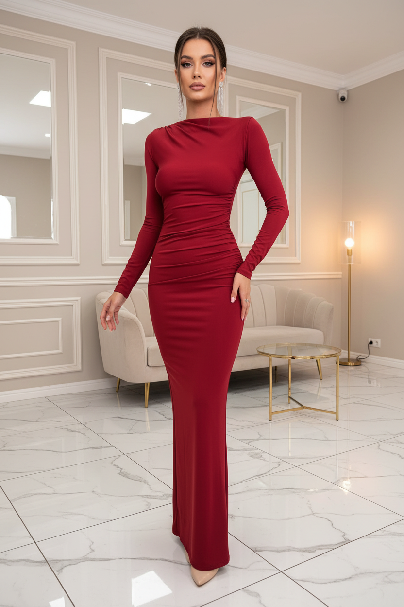 👑 QUEEN MIDI DRESS — ROBE MOULANTE MANCHES LONGUES COL DEMI-HAUT