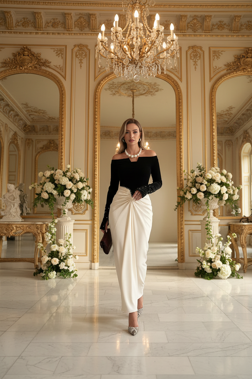 👑 QUEEN MAXI PERLES — ROBE ÉPAULE DÉNUDÉE BANQUET RUNWAY EDITION