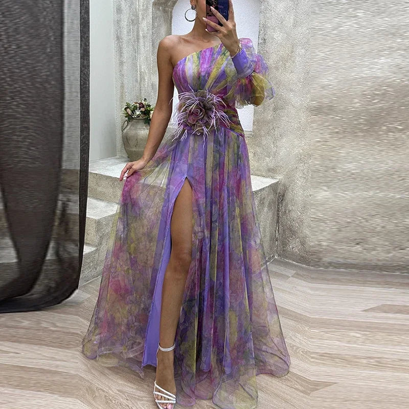 👑 QUEEN TIE-DYE SHOULDER — ROBE LONGUE FEMME UNE ÉPAULE IMPRIMÉ FLORAL