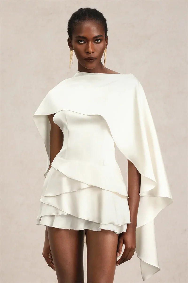 👑 QUEEN BOW SHAWL — MINI ROBE FEMME COL NŒUD MANCHES CHÂLE DOS NU