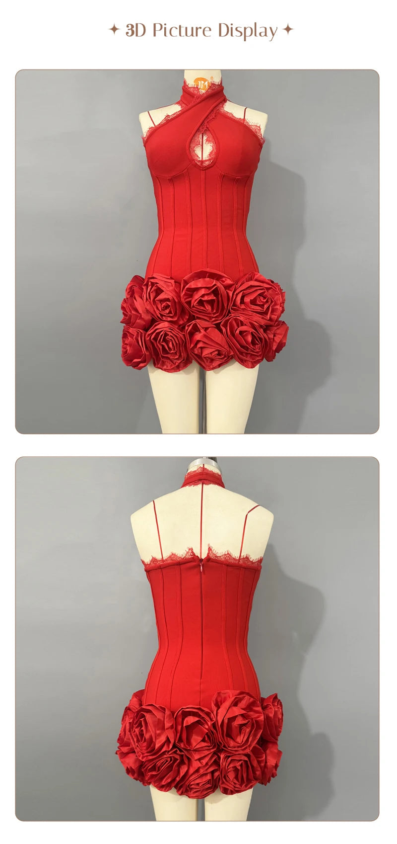 👑 QUEEN ROSE HALTER — MINI ROBE DENTELLE APPLIQUÉS ROSES