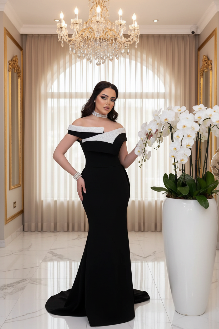 👑 Queen Sequins Drapé – Ball Gown Épaule Libre