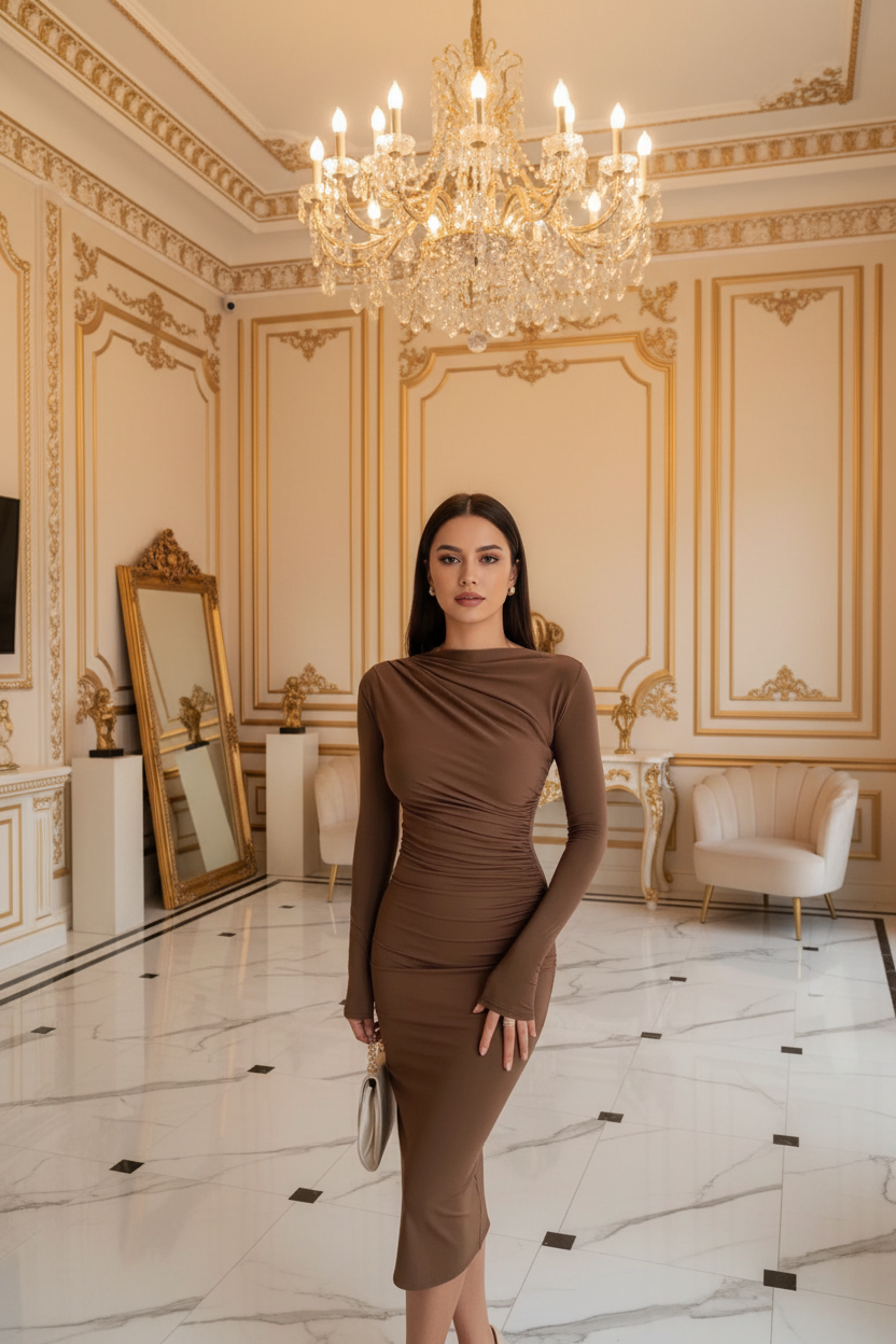 👑 QUEEN MIDI DRESS — ROBE MOULANTE MANCHES LONGUES COL DEMI-HAUT