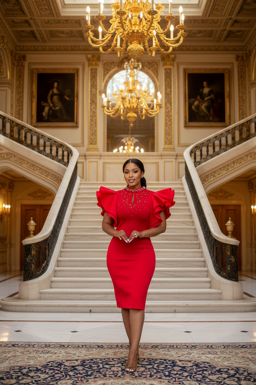 👑 Queen Ankara Volants – Robe Midi Africaine Luxe