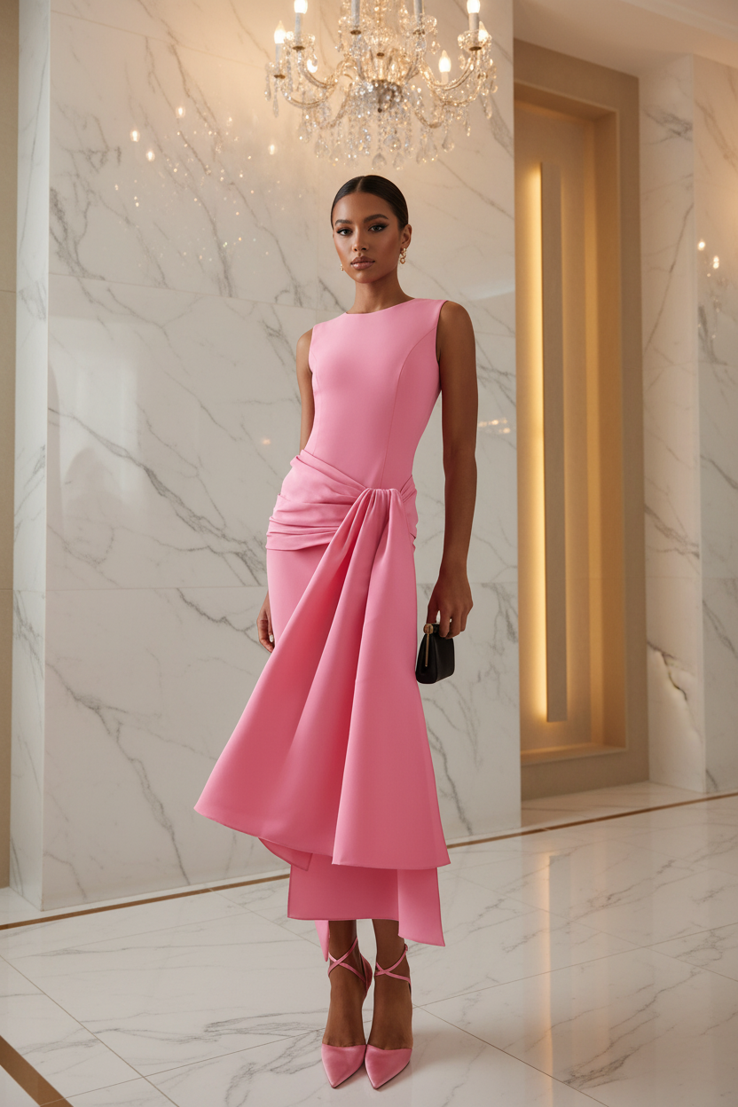 👑 Queen Rose Drapé – Robe Midi Col Rond