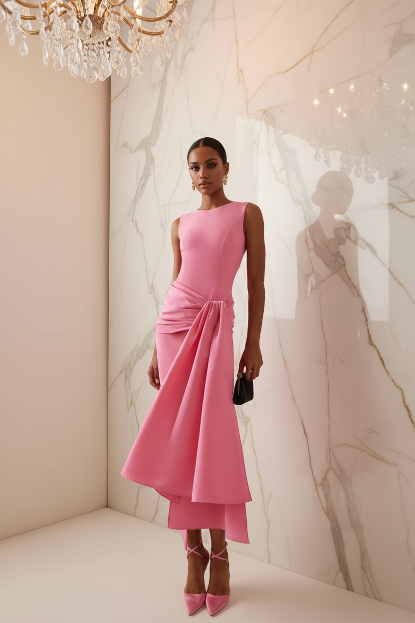 👑 Queen Rose Drapé – Robe Midi Col Rond