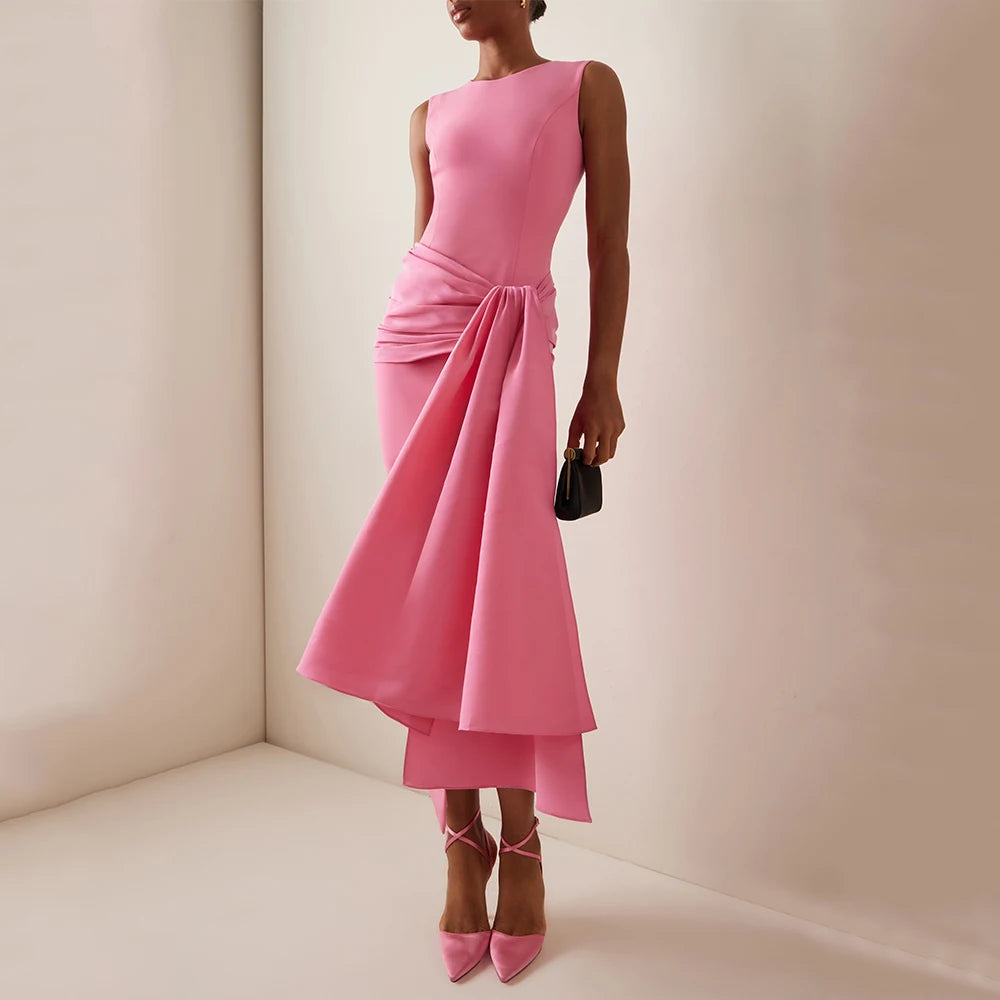 👑 Queen Rose Drapé – Robe Midi Col Rond