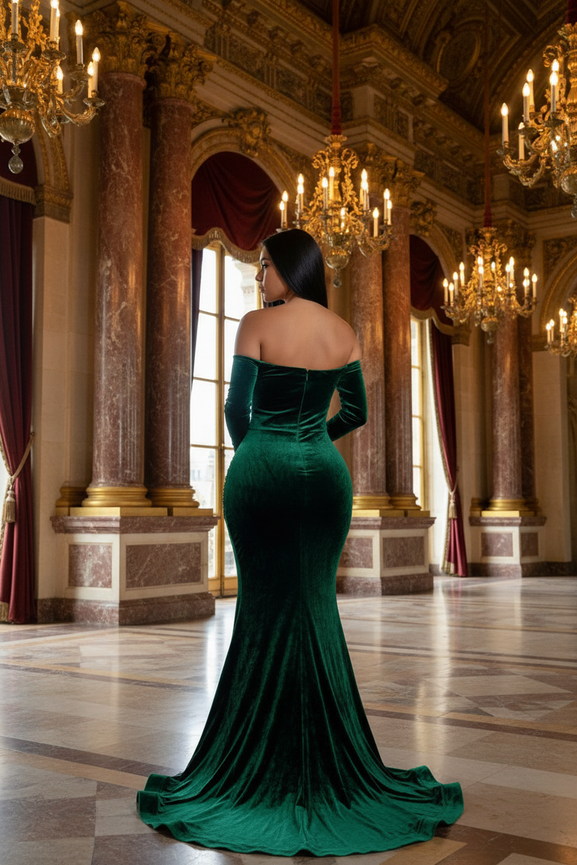 👑 QUEEN VELVET SIRÈNE — ROBE LONGUE ÉPAULE DÉNUDÉE FENTE HAUTE COUTURE