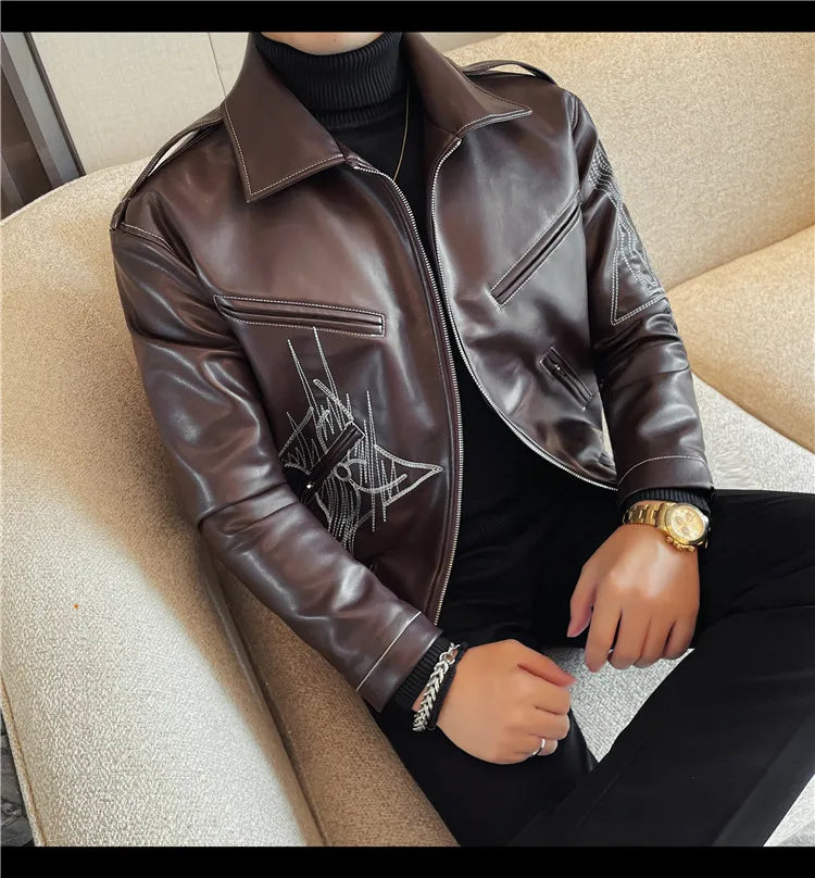 👑 KING EMBROIDERED LEATHER JACKET — VESTE CUIR BRODÉE PREMIUM HOMME
