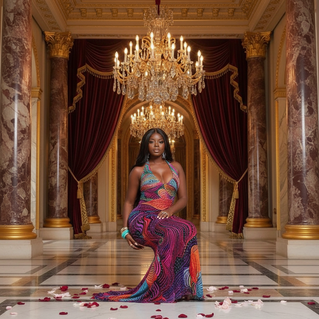 👑 Queen Imprimé Maxi – Robe Halter Dos Nu | Runway Edition