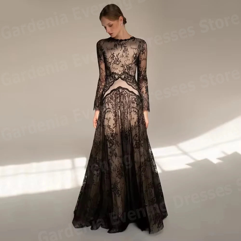 👑 QUEEN EVENING LACE — ROBE DE SOIRÉE DENTELLE A-LINE MANCHES LONGUES SUR MESURE