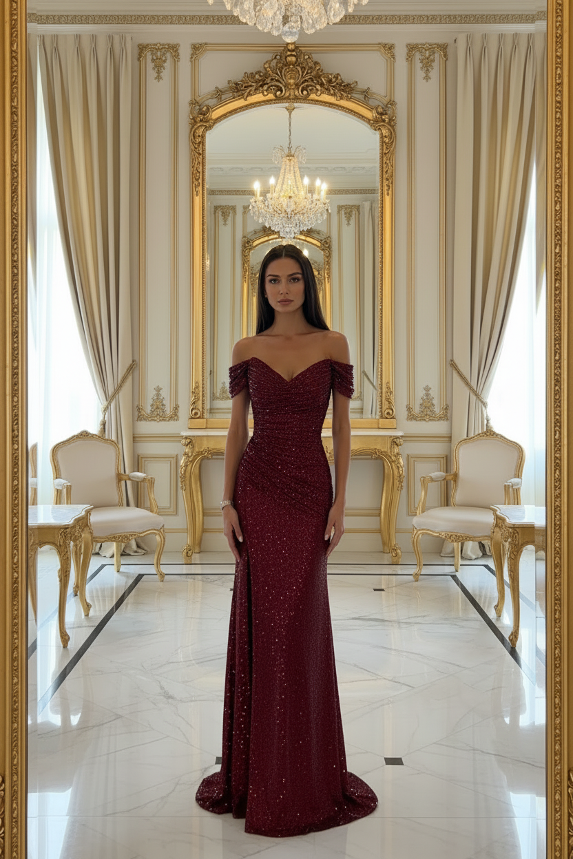 👑 QUEEN SEQUIN MAXI DRESS — ROBE LONGUE PAILLETTES COL BATEAU FENTE