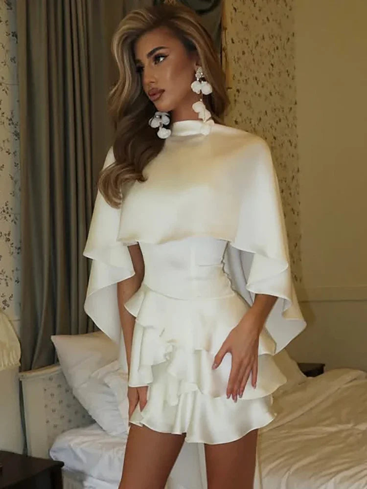 👑 QUEEN BOW SHAWL — MINI ROBE FEMME COL NŒUD MANCHES CHÂLE DOS NU