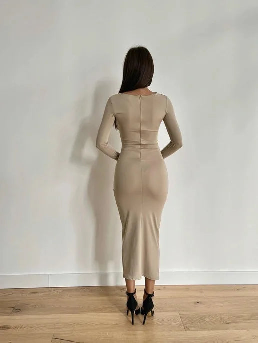 👑 QUEEN MIDI DRESS — ROBE MOULANTE MANCHES LONGUES COL DEMI-HAUT