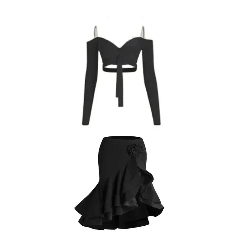 👑 QUEEN LATIN SET — TOP ÉPAULE DÉNUDÉE & JUPE À VOLANTS RUNWAY EDITION