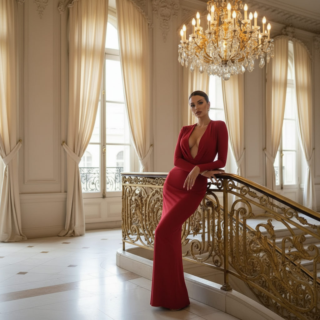 👑 QUEEN ROUGE PLONGEANT — ROBE MAXI SIGNATURE RUNWAY EDITION