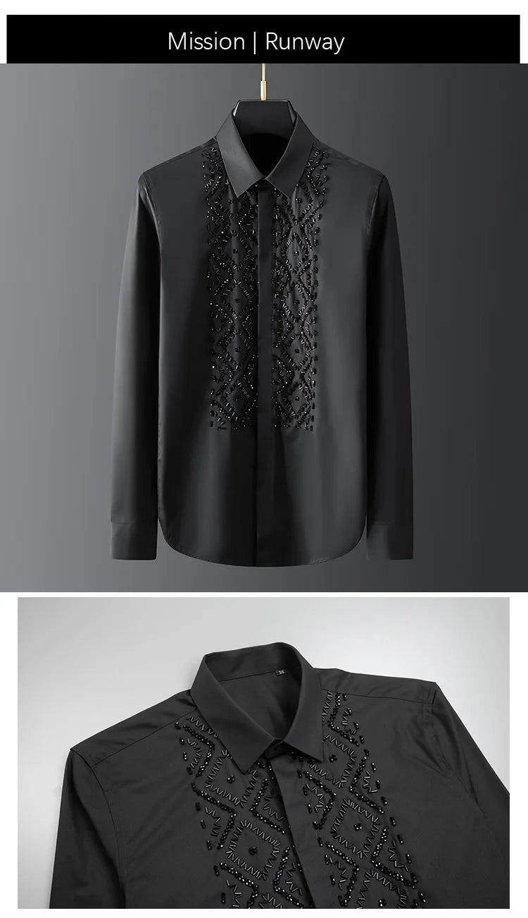 👑 KING BEADED SHIRT — CHEMISE HOMME PERLES FAITES MAIN MANCHES LONGUES