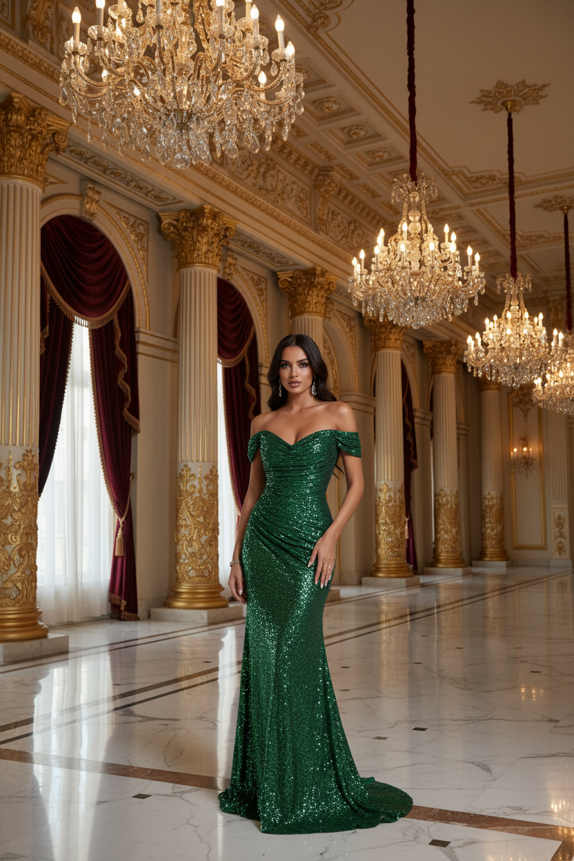 👑 QUEEN SEQUIN MAXI DRESS — ROBE LONGUE PAILLETTES COL BATEAU FENTE