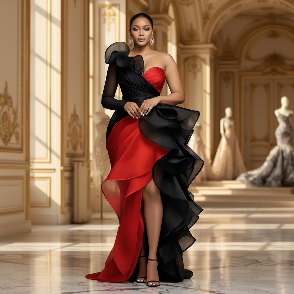 👑 QUEEN BLACK GOLD — ROBE SIRÈNE LONGUE NOIR & OR ORGANZA VOLANTS ÉPAULE ASYMÉTRIQUE FENTE HAUTE