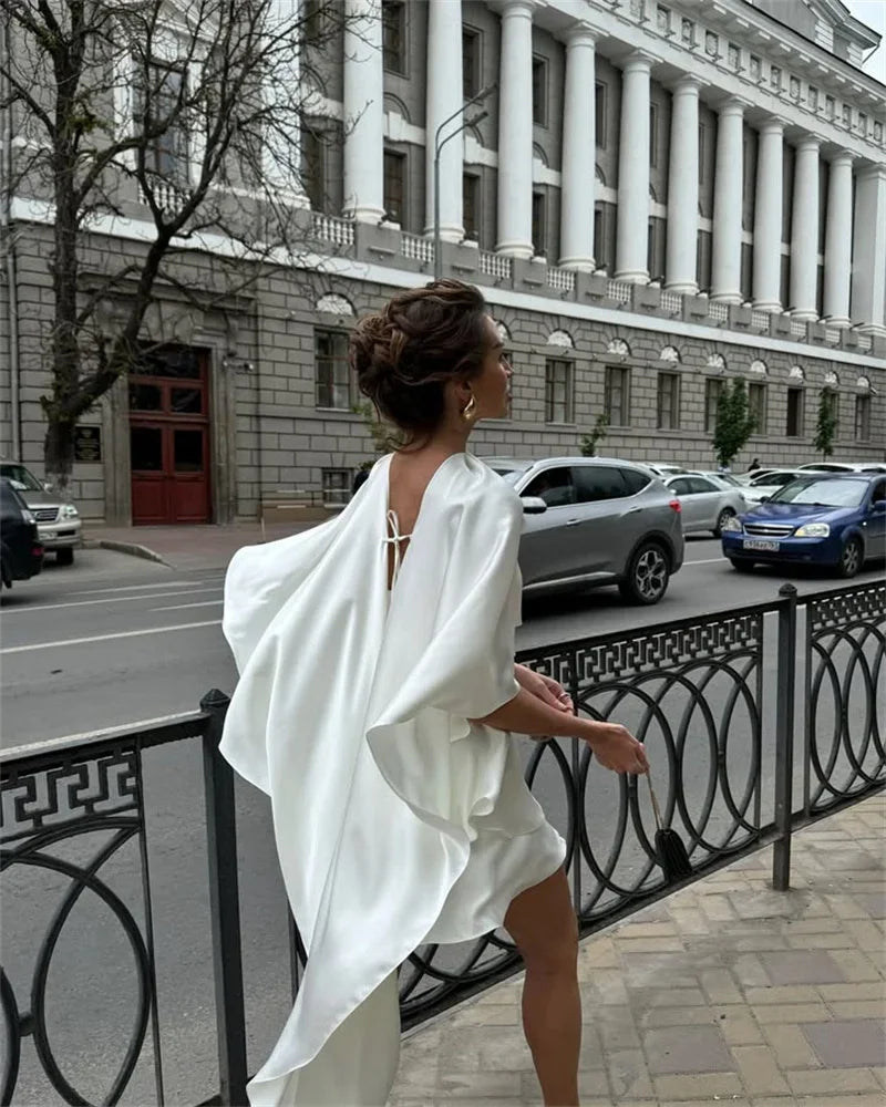 👑 QUEEN BOW SHAWL — MINI ROBE FEMME COL NŒUD MANCHES CHÂLE DOS NU