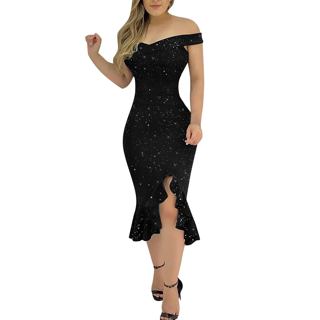 👑 QUEEN SEQUIN VOLANTS — ROBE ÉPAULE DÉNUDÉE RUNWAY EDITION